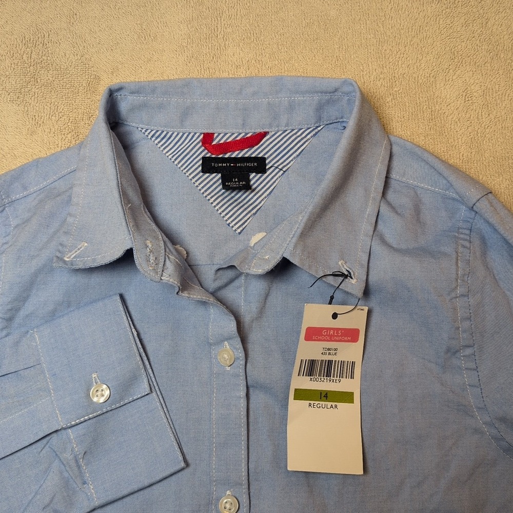 Tommy Hilfinger Girls Blouse Sz 14 Blue L Sleeve Shirt Button Up School Uniform